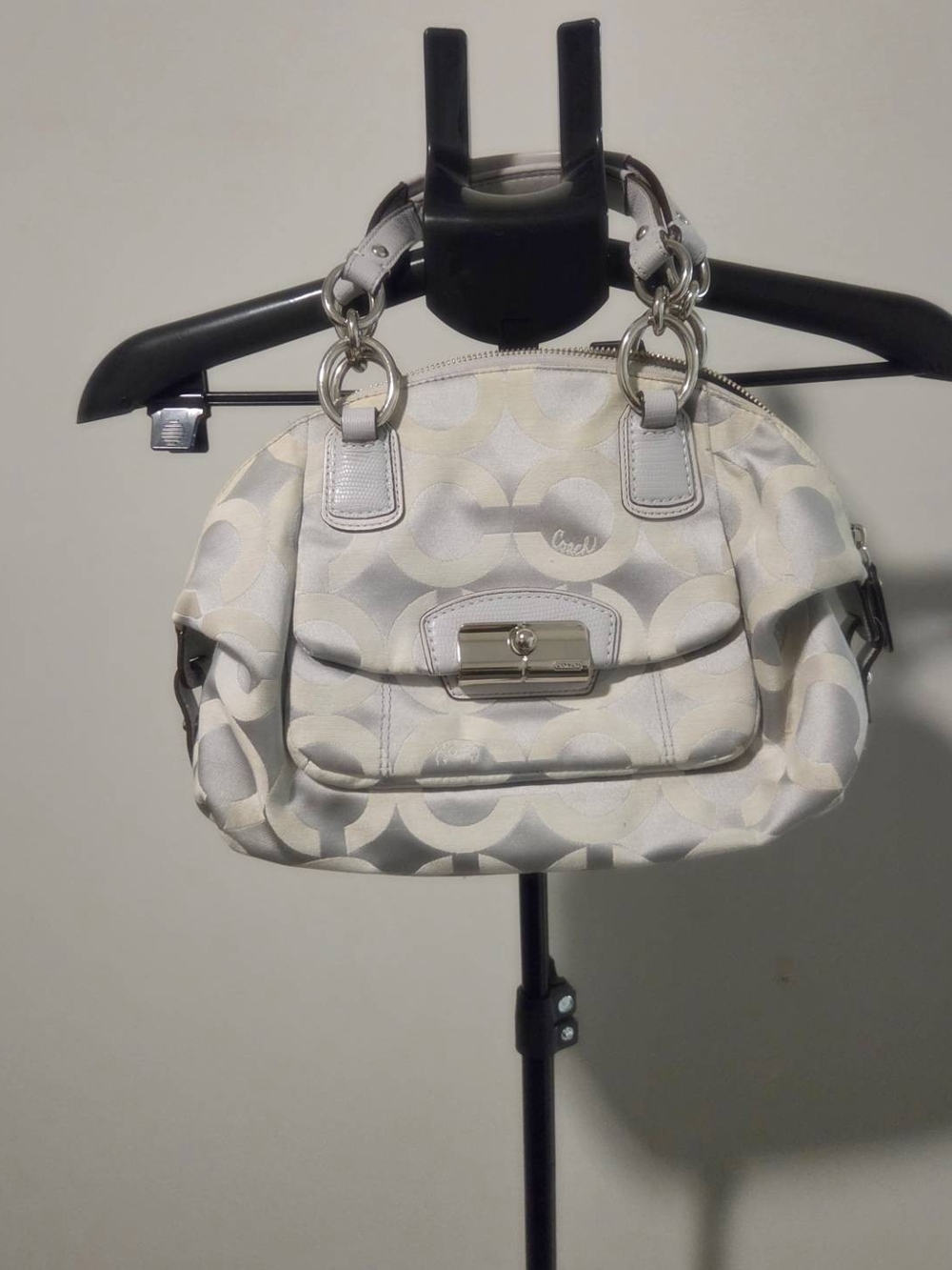 Coach Gray and Cream Signature Canvas Satchel with Silver Hardware